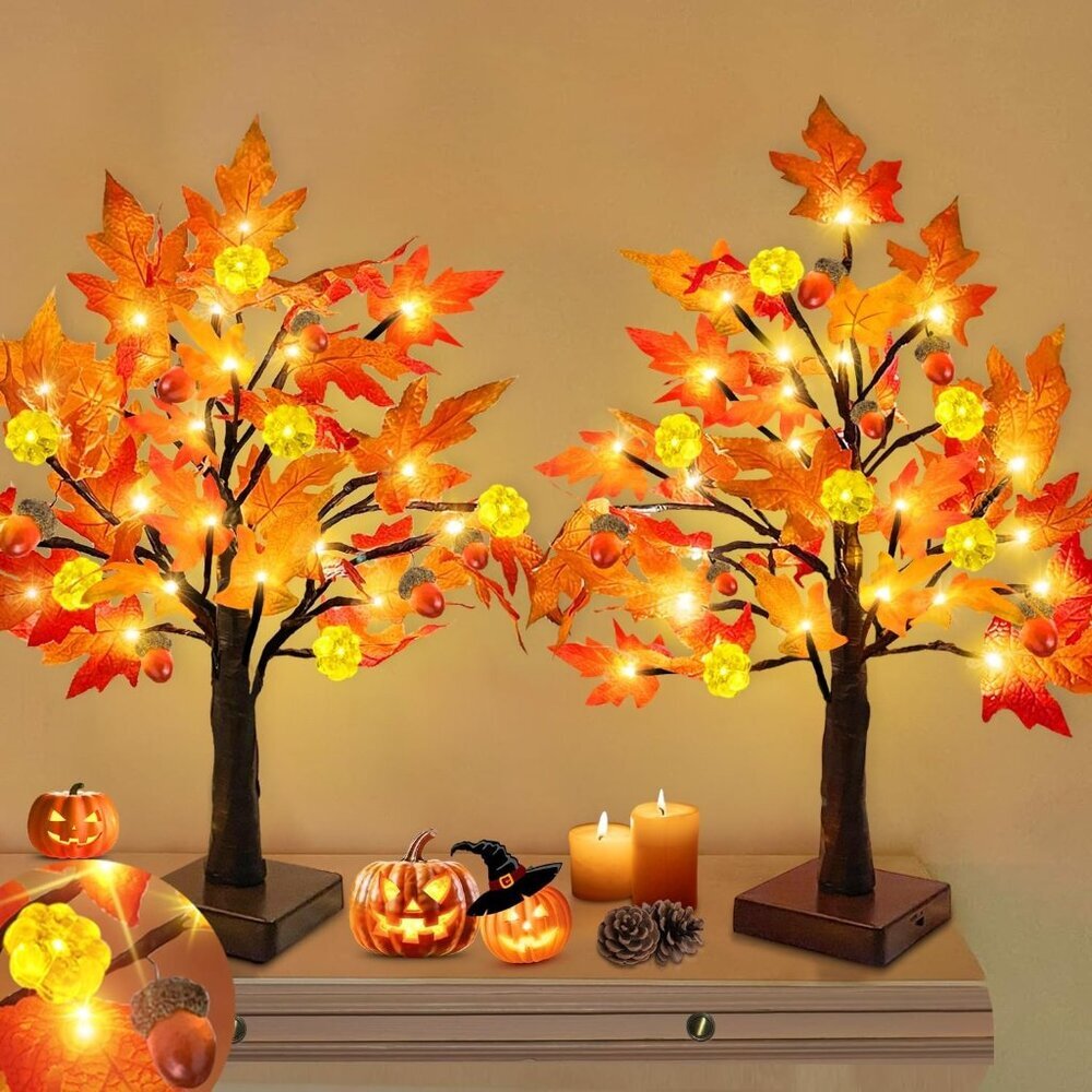 Fall Decor 2 Pack 18 Inch Prelit Fall Maple Tree Thanksgiving Fall Decorations f